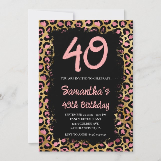 Pink and Gold Leopard Painted Black 40th Birthday Invitation (Front)