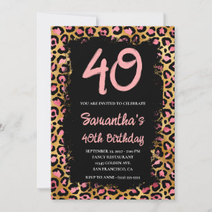 Pink and Gold Leopard Painted Black 40th Birthday Invitation