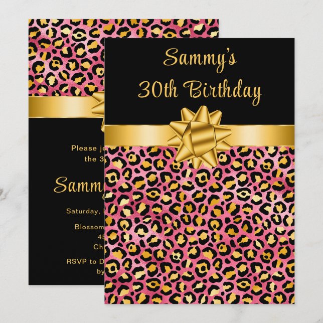 Pink and Gold Leopard Print Birthday Party Invitation (Front/Back)