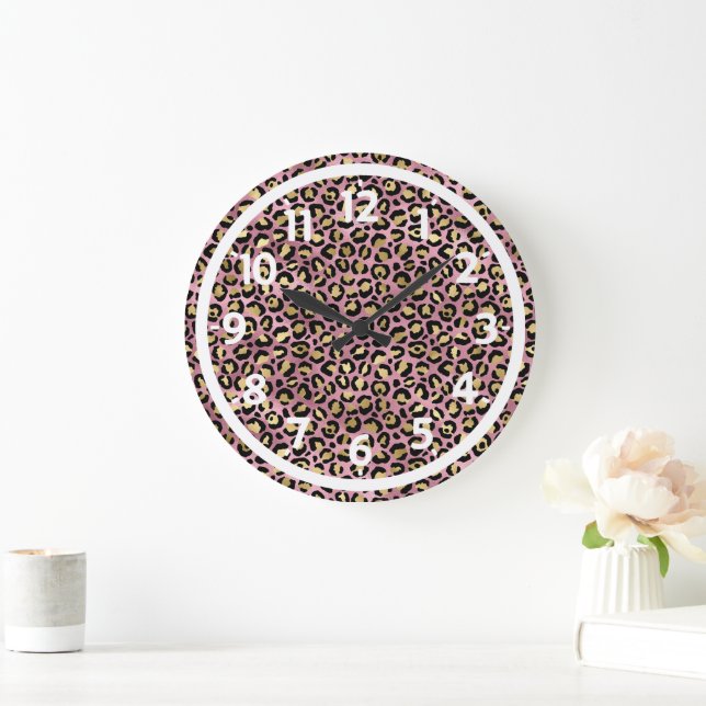 Pink and Gold Leopard Print Large Clock (Home)
