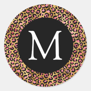 Pink and Gold Leopard Print Monogram Classic Round Sticker