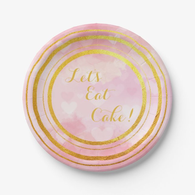 Pink and Gold Let's Eat Cake Paper Plates (Front)