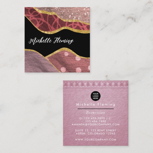 Pink and Gold Linen Fabric Denim Square Business Card (Front/Back)