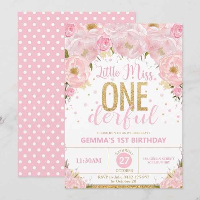 Pink and Gold Little Miss Onederful 1st Birthday Invitation (Front/Back)