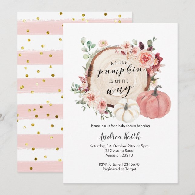 pink and gold little pumpkin is on the way invitation (Front/Back)