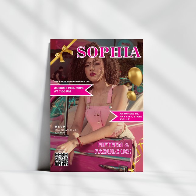 Pink and Gold Magazine Cover QR Code Quinceañera Invitation (Creator Uploaded)