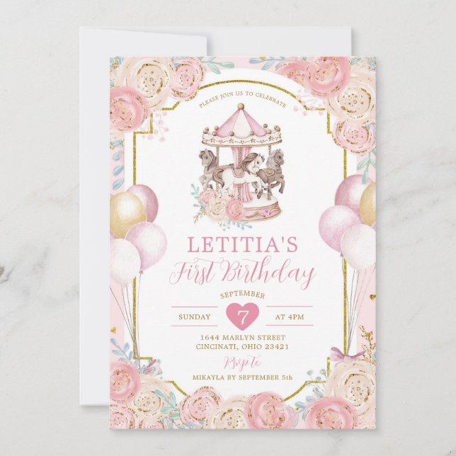 Pink and Gold Magical Carousel Birthday Invitation (Front)