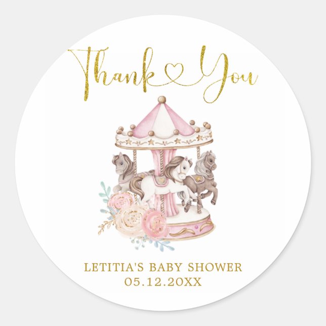 Pink and Gold Magical Carousel Thank You Sticker (Front)