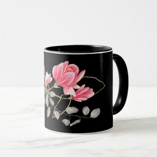 Pink and Gold Magnolia on Black Mug