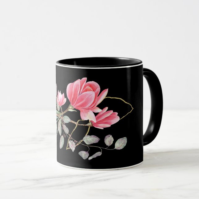 Pink and Gold Magnolia on Black Mug (Front Right)