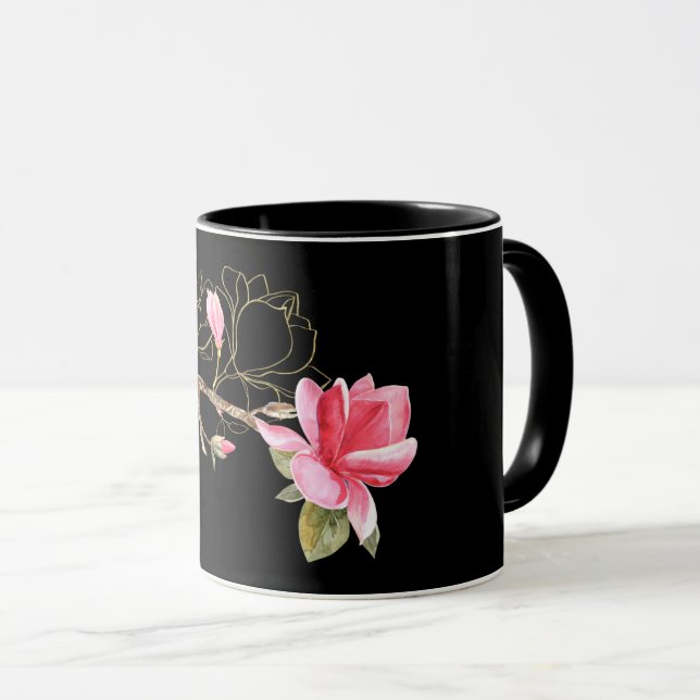 Pink and Gold Magnolia on Black Mug (Front Right)