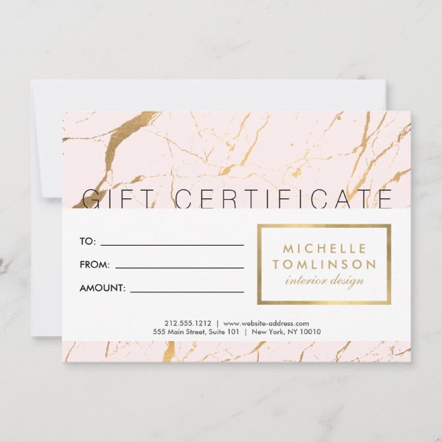 Pink and Gold Marble Designer Gift Certificate (Front)