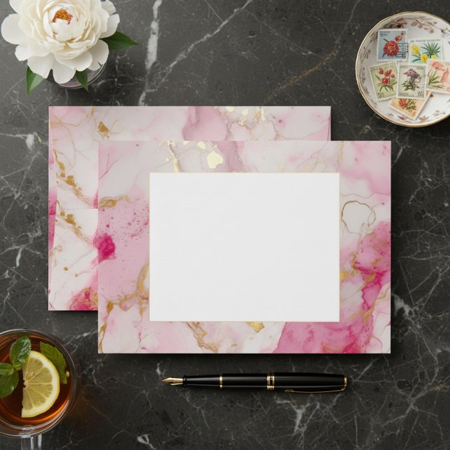 Pink and Gold marble effect wedding envelope (Pink and Gold marble effect wedding envelope.)