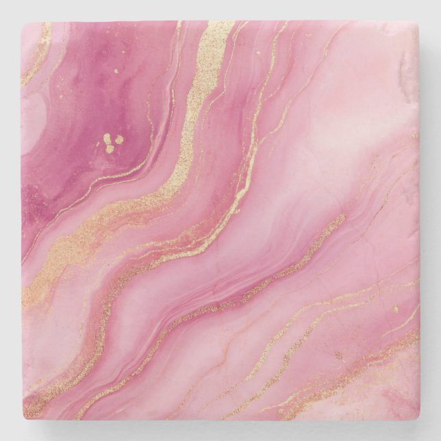Pink and Gold Marble Elegant Stone Coaster (Front)