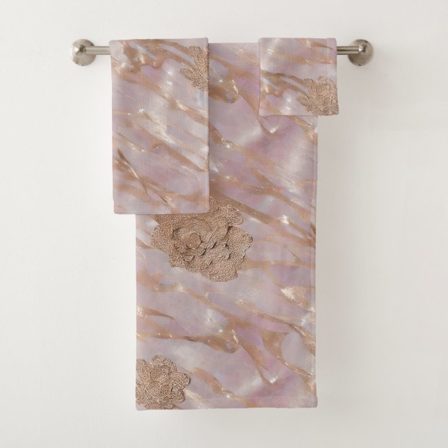 Pink and Gold Marble Floral Bath Towel Set (Insitu)