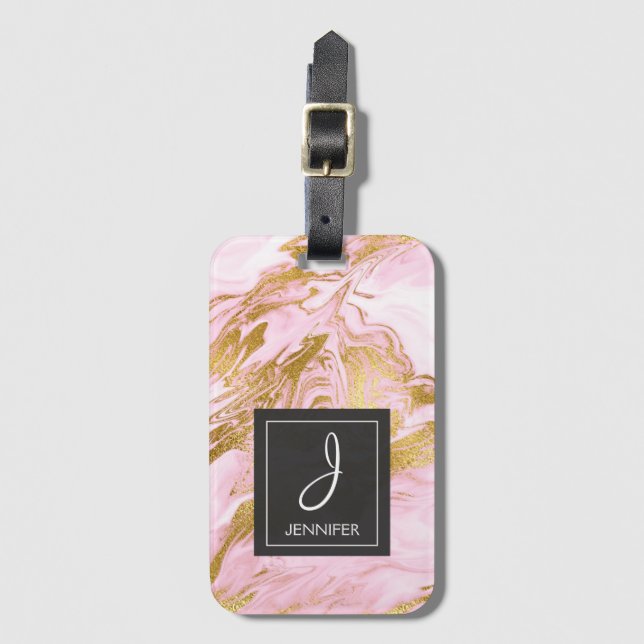 Pink and Gold Marble Monogram Luggage Bag Tag (Front Vertical)