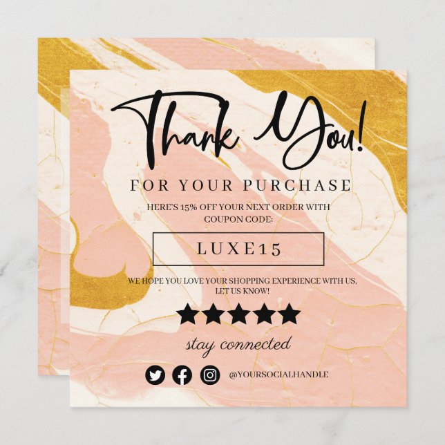 Pink and Gold Marble Thank You Discount Card (Front/Back)