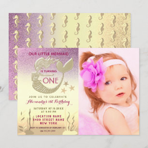 Pink and Gold Mermaid 1st Birthday Invitation