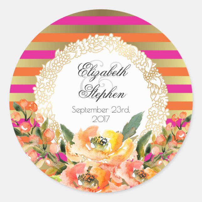 Pink and Gold Metallic Stripes w/ Florals Wedding Classic Round Sticker (Front)