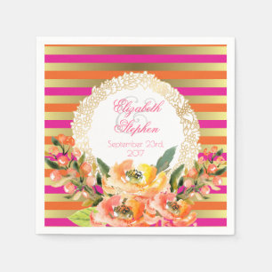 Pink and Gold Metallic Stripes w/ Florals Wedding Napkin