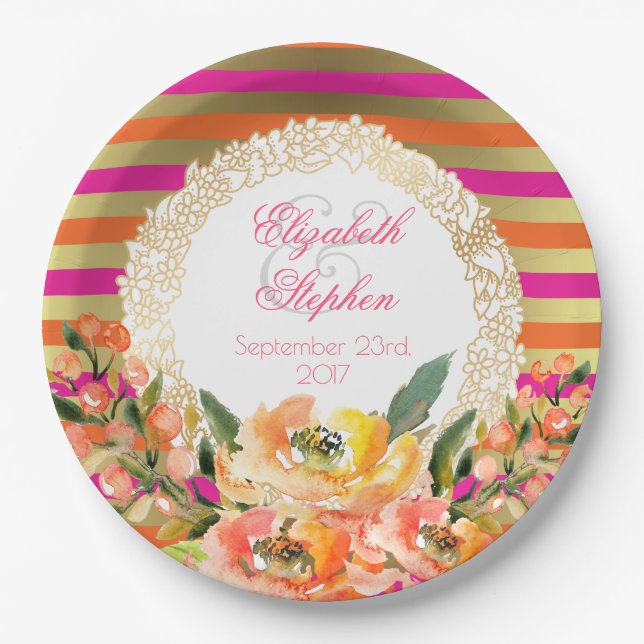 Pink and Gold Metallic Stripes w/ Florals Wedding Paper Plate (Front)