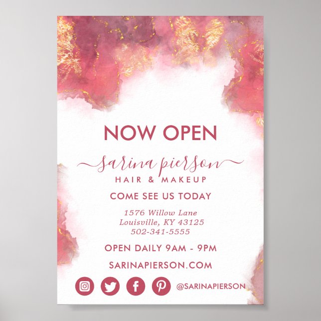 Pink And Gold Modern Art Liquid Ink Business Poster (Front)