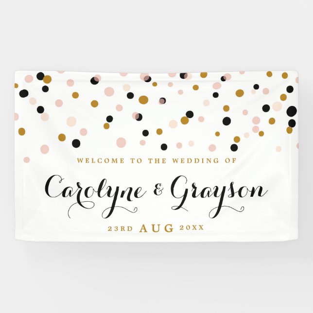 Pink and Gold Modern Confetti Dots Wedding Banner (Horizontal)