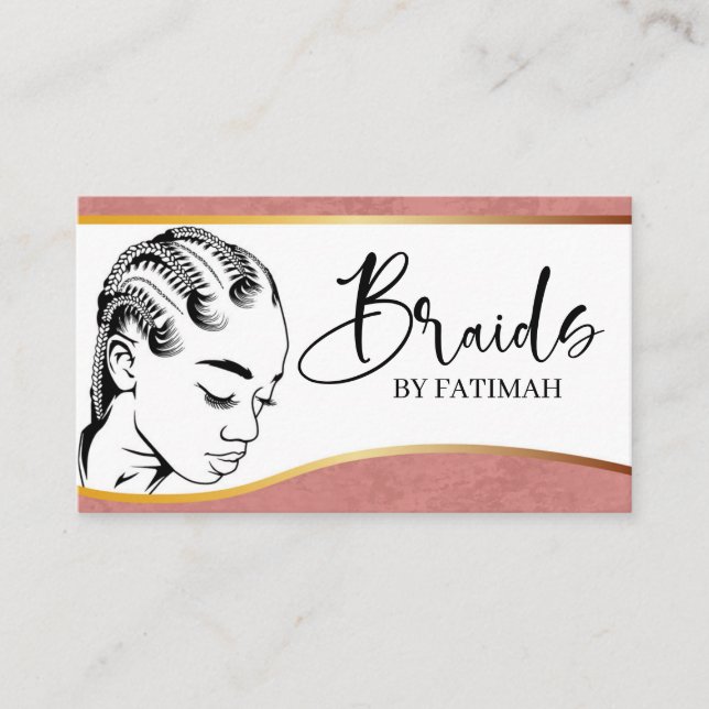 Pink and Gold Modern Hair Braiding Salon Business  Business Card (Front)