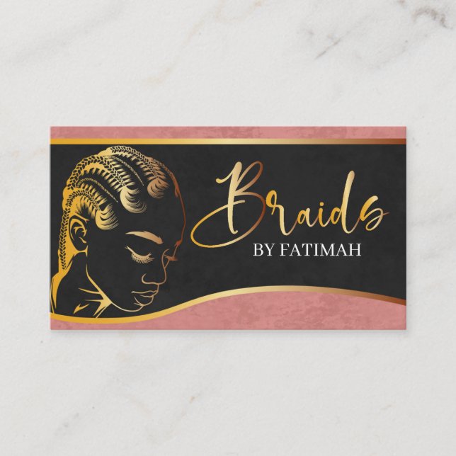 Pink and Gold Modern Hair Braiding Salon Business Card (Front)
