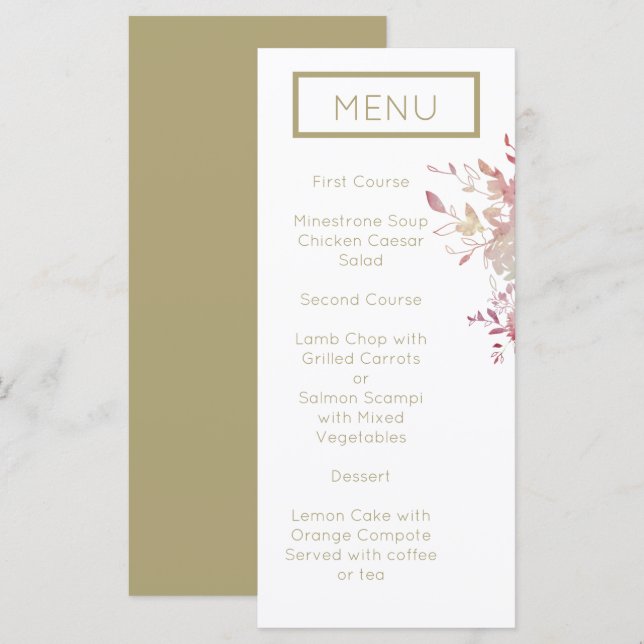 Pink and Gold Modern Minimalist Wedding Menu (Front/Back)