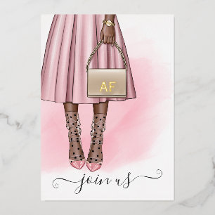 Pink and Gold Monogram Chic Quinceañera Foil Invit