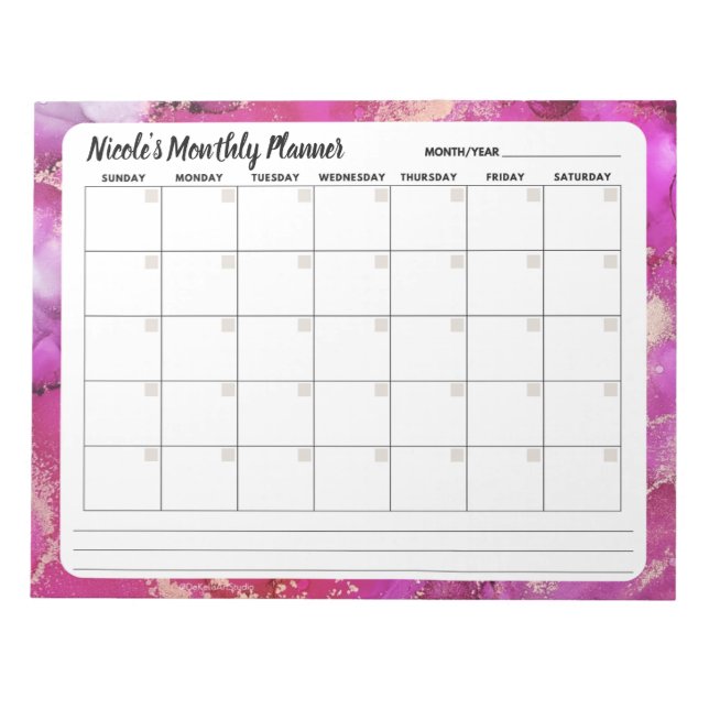 Pink and Gold Monthly Calendar Notepad  (Front)