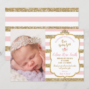 Pink and Gold New Baby Girl Birth Announcement