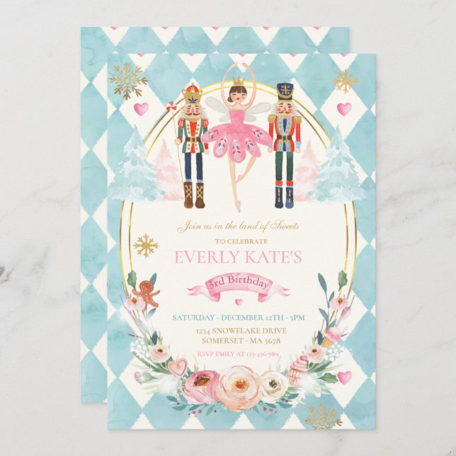 Pink And Gold Nutcracker Birthday Sugar Plum Fairy Invitation (Front/Back)