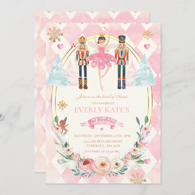 Pink And Gold Nutcracker Birthday Sugar Plum Fairy Invitation (Front/Back)