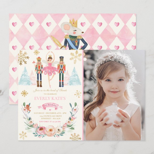 Pink And Gold Nutcracker Birthday Sugar Plum Fairy Invitation (Front/Back)
