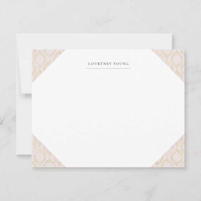 Pink and Gold Ogee Monogrammed Stationery Card (Front)