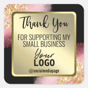Pink And Gold On Black Thank You Business Logo Square Sticker