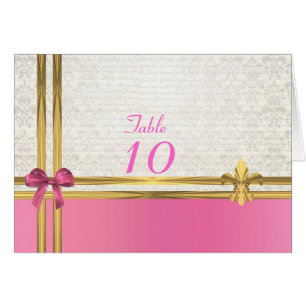 Pink and gold on white damask table number