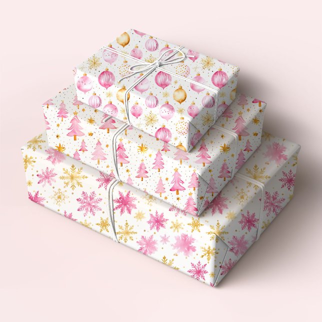 Pink and Gold Ornaments, Trees and and Snowflakes Wrapping Paper Sheet (Creator Uploaded)