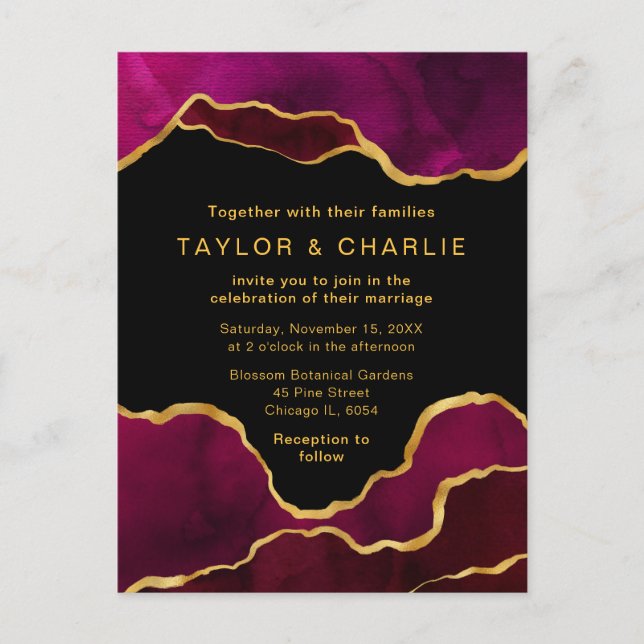 Pink and Gold Painted Agate Wedding Postcard (Front)