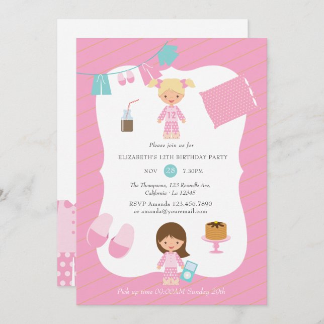 Pink and Gold Pajama Pancake Girl Birthday Party Invitation (Front/Back)