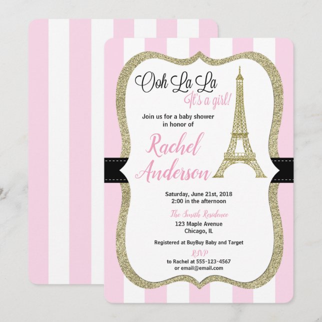 Pink and gold paris baby shower invitation girl (Front/Back)