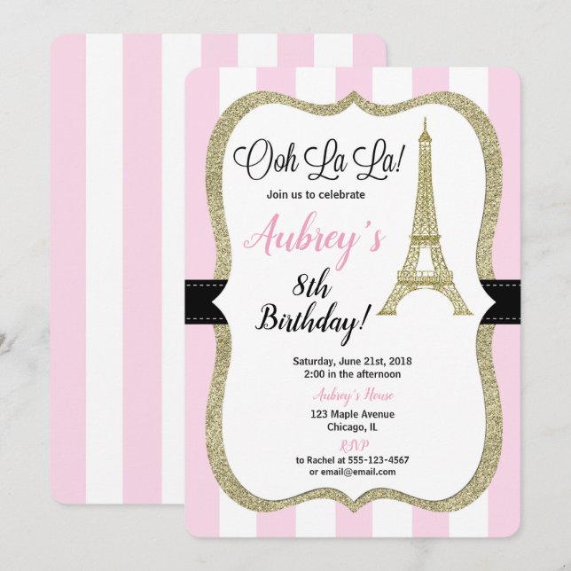 Pink and gold Paris birthday invitation for girl (Front/Back)