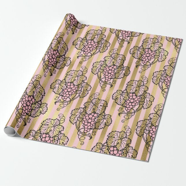 Pink and Gold Paris Foil Wine themed Wrapping Paper (Unrolled)