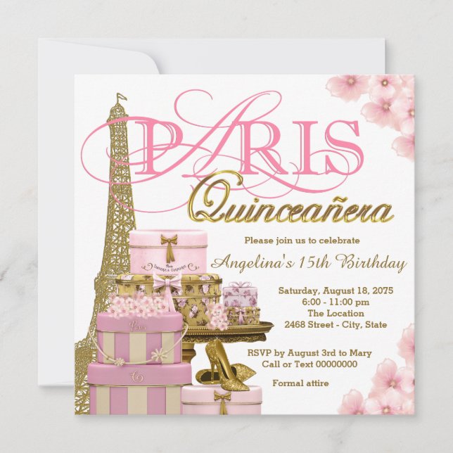 Pink and Gold Paris Quinceanera Invitation (Front)