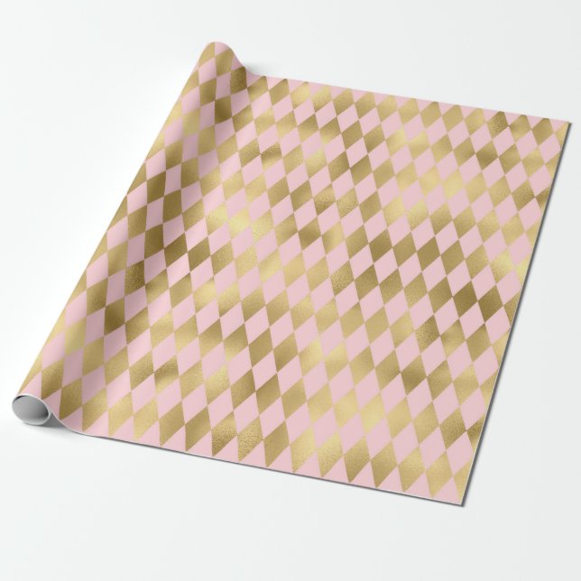 Pink and Gold Paris Shimmering Diamond Pattern Wrapping Paper (Unrolled)