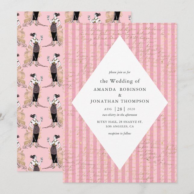 Pink and Gold Paris Themed Calligraphy Wedding Invitation (Front/Back)