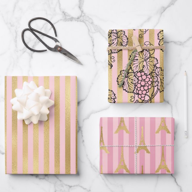 Pink and Gold Paris themed Wrapping Paper Sheet (Front)