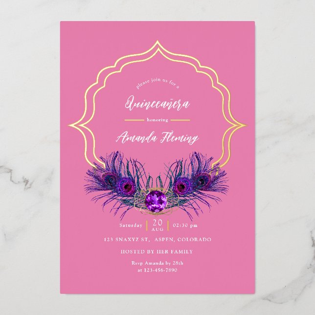 Pink and Gold Peacock Floral Quinceañera Foil Invi (Front)
